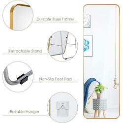 Helkroppsspegel med gyllene stålram och säkerhetsfilm för väggmontering