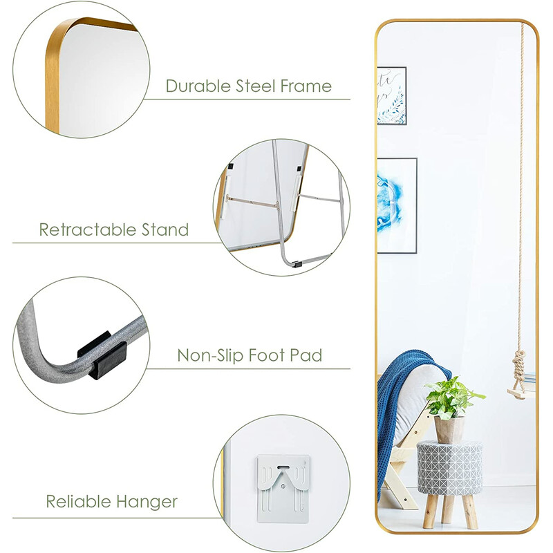Helkroppsspegel med gyllene stålram och säkerhetsfilm för väggmontering
