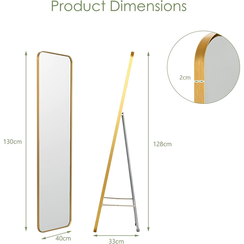 Helkroppsspegel med gyllene stålram och säkerhetsfilm för väggmontering