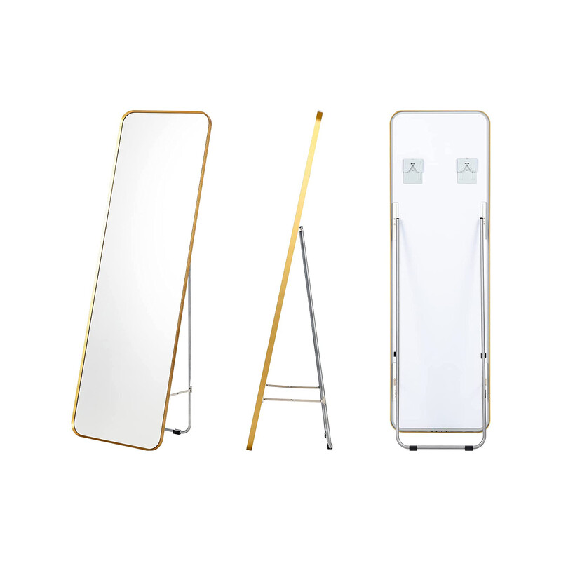 Helkroppsspegel med gyllene stålram och säkerhetsfilm för väggmontering