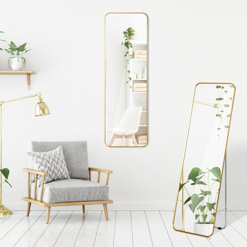 Helkroppsspegel med gyllene stålram och säkerhetsfilm för väggmontering