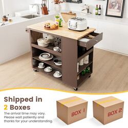 Köksvagn på hjul med arbetsbänk, låda, hyllor och handdukshållare i brun färg