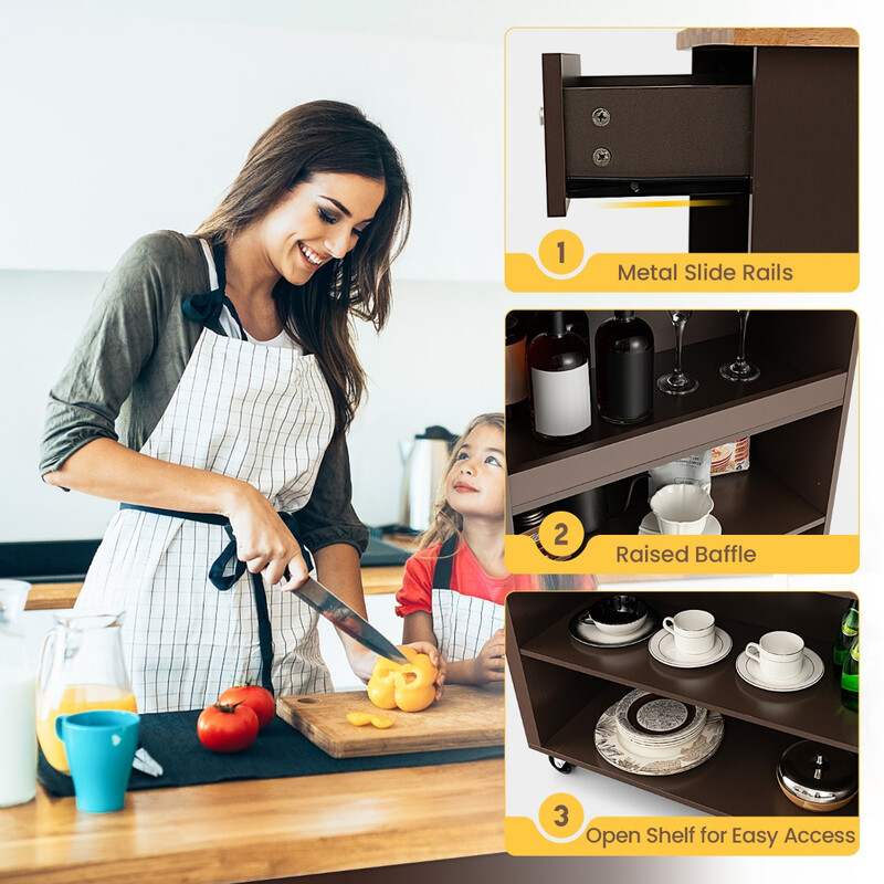 Köksvagn på hjul med arbetsbänk, låda, hyllor och handdukshållare i brun färg