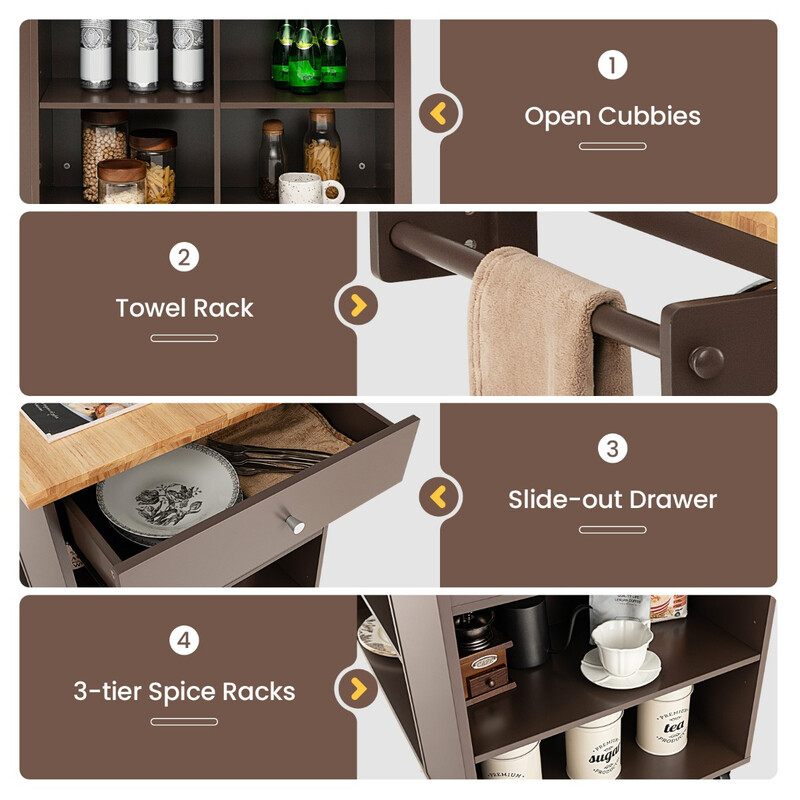 Köksvagn på hjul med arbetsbänk, låda, hyllor och handdukshållare i brun färg