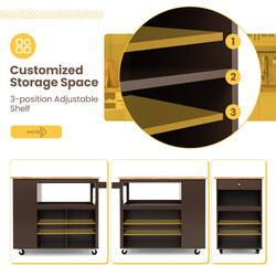 Köksvagn på hjul med arbetsbänk, låda, hyllor och handdukshållare i brun färg
