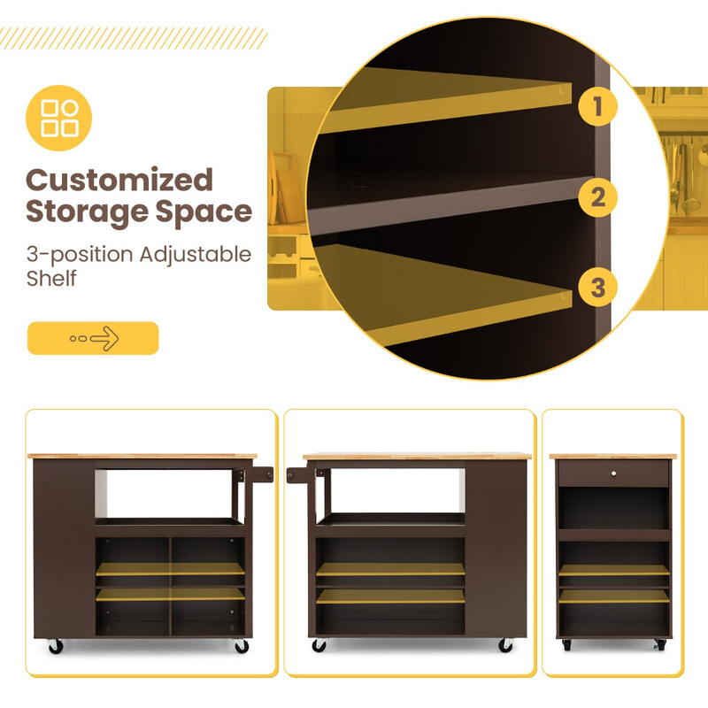 Köksvagn på hjul med arbetsbänk, låda, hyllor och handdukshållare i brun färg