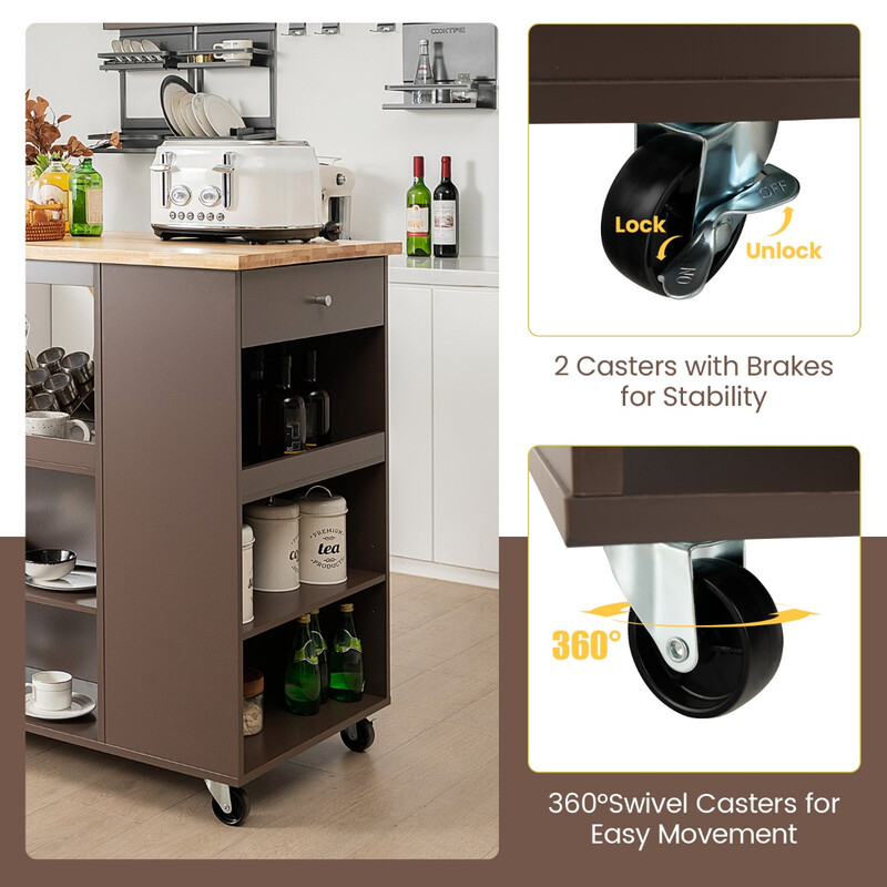 Köksvagn på hjul med arbetsbänk, låda, hyllor och handdukshållare i brun färg