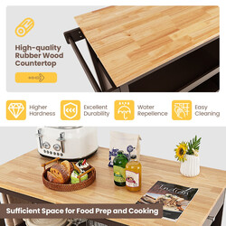 Köksvagn på hjul med arbetsbänk, låda, hyllor och handdukshållare i brun färg