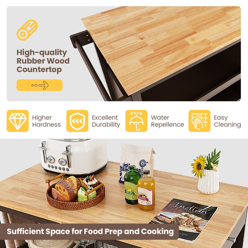 Köksvagn på hjul med arbetsbänk, låda, hyllor och handdukshållare i brun färg