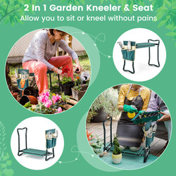 Hopfällbar 2-i-1 trädgårdspall med EVA-kudde och verktygsficka för bekväm trädgårdsarbete