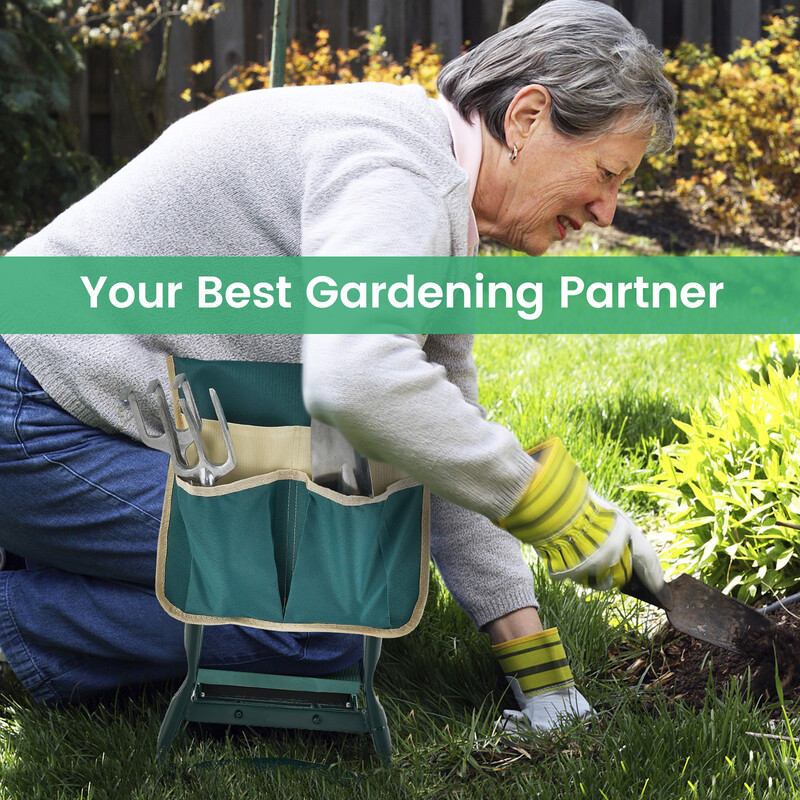 Hopfällbar 2-i-1 trädgårdspall med EVA-kudde och verktygsficka för bekväm trädgårdsarbete