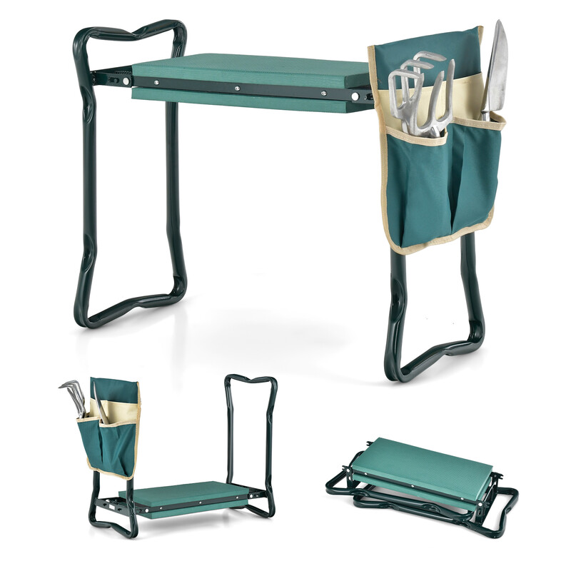 Hopfällbar 2-i-1 trädgårdspall med EVA-kudde och verktygsficka för bekväm trädgårdsarbete