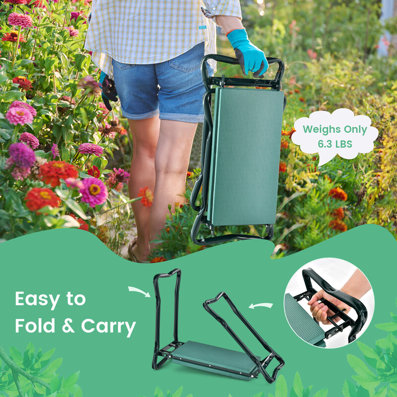 Hopfällbar 2-i-1 trädgårdspall med EVA-kudde och verktygsficka för bekväm trädgårdsarbete