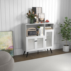 Vitt sidoskåp i trä med glasdörrar och justerbara hyllor för hemmet