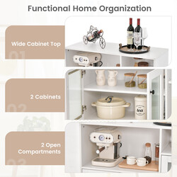 Vitt sidoskåp i trä med glasdörrar och justerbara hyllor för hemmet