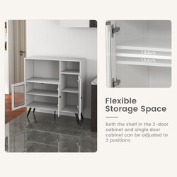 Vitt sidoskåp i trä med glasdörrar och justerbara hyllor för hemmet