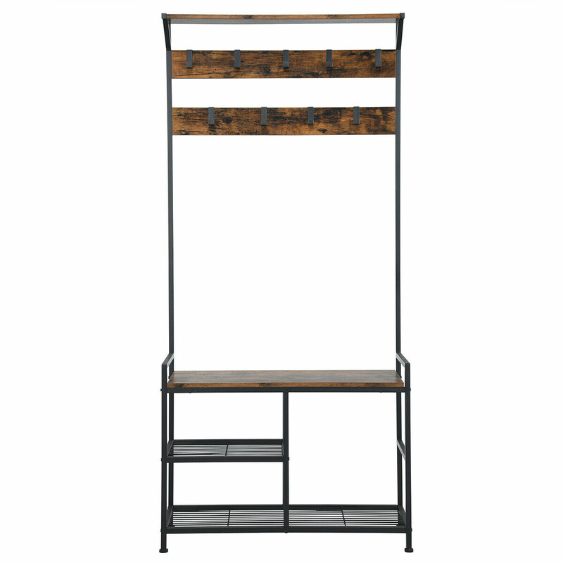 Klädhängare med 9 krokar och 3-nivå skohylla i industriell design brun