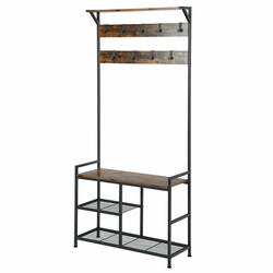 Klädhängare med 9 krokar och 3-nivå skohylla i industriell design brun