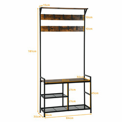 Klädhängare med 9 krokar och 3-nivå skohylla i industriell design brun