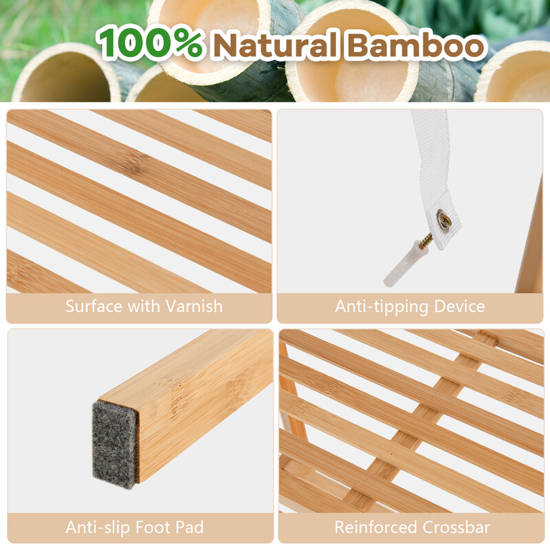 Bambuhylla med tippskydd, 4 nivåer, naturlig förvaring, 60 x 35,5 x 148 cm