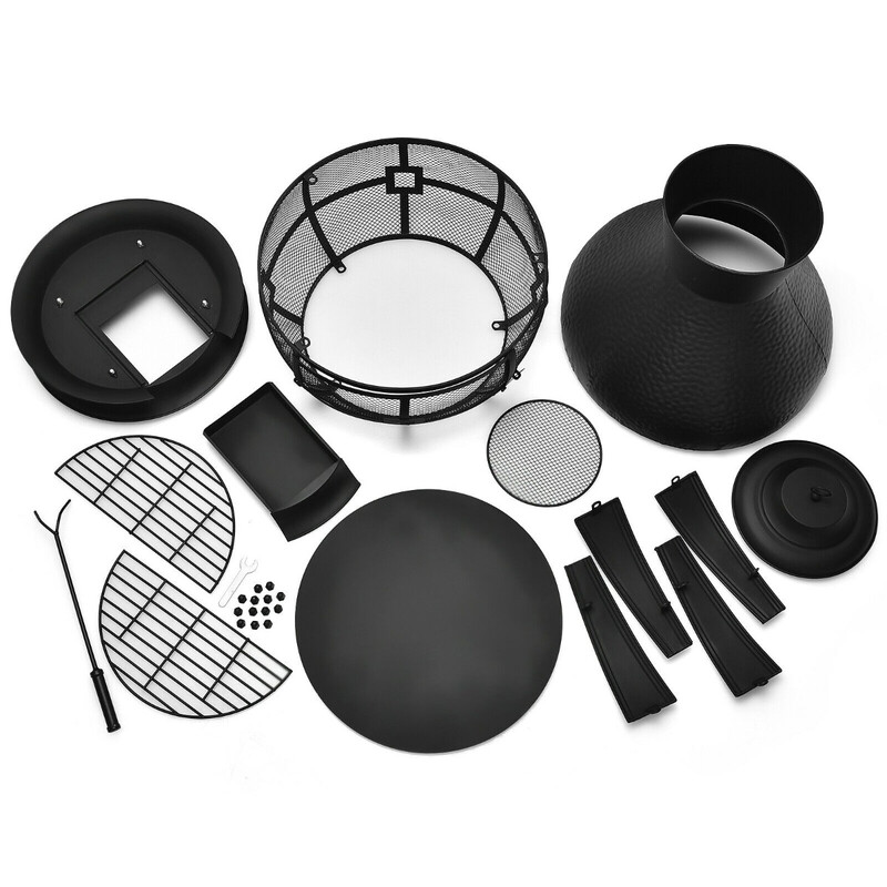 Terrasskamin i gjutjärn med gnistskydd och eldkrok för utomhusbruk