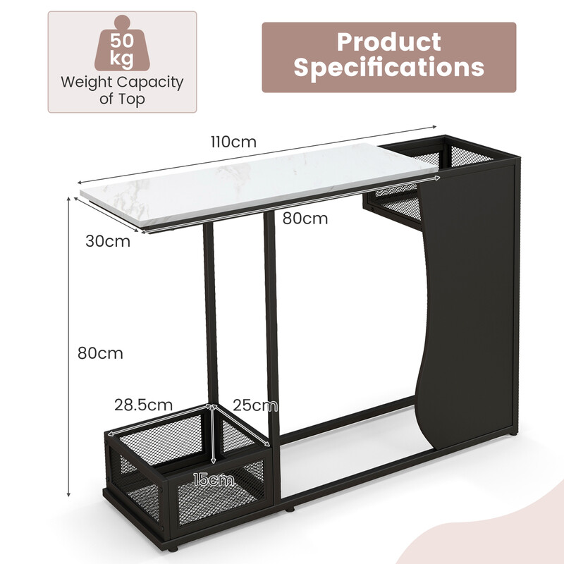 Konsolbord 110 cm med marmormönster och växthållare i svart och vitt