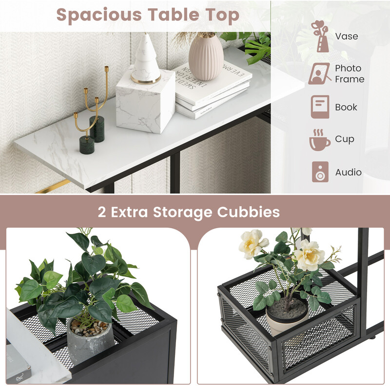 Konsolbord 110 cm med marmormönster och växthållare i svart och vitt