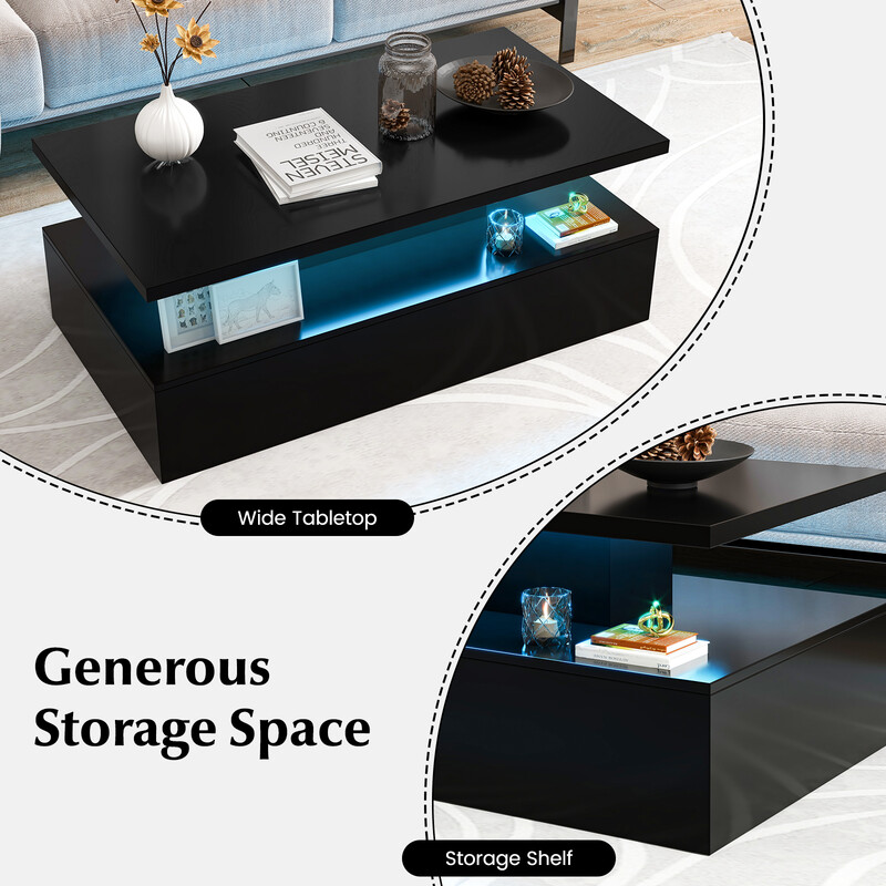 Modernt svart LED-soffbord med högblank yta och två nivåer 110 x 60 x 40 cm