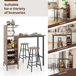 Industriellt barbord och stolar med förvaring för vinflaskor och glas, kaffebrun finish