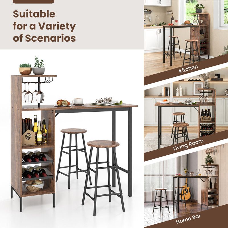 Industriellt barbord och stolar med förvaring för vinflaskor och glas, kaffebrun finish
