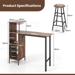 Industriellt barbord och stolar med förvaring för vinflaskor och glas, kaffebrun finish
