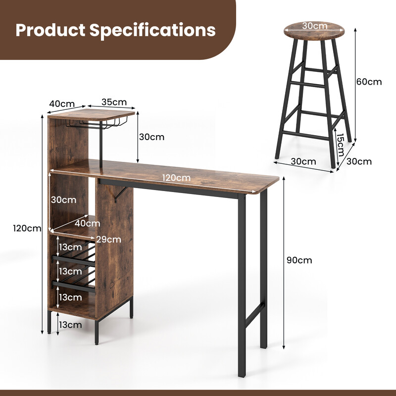 Industriellt barbord och stolar med förvaring för vinflaskor och glas, kaffebrun finish