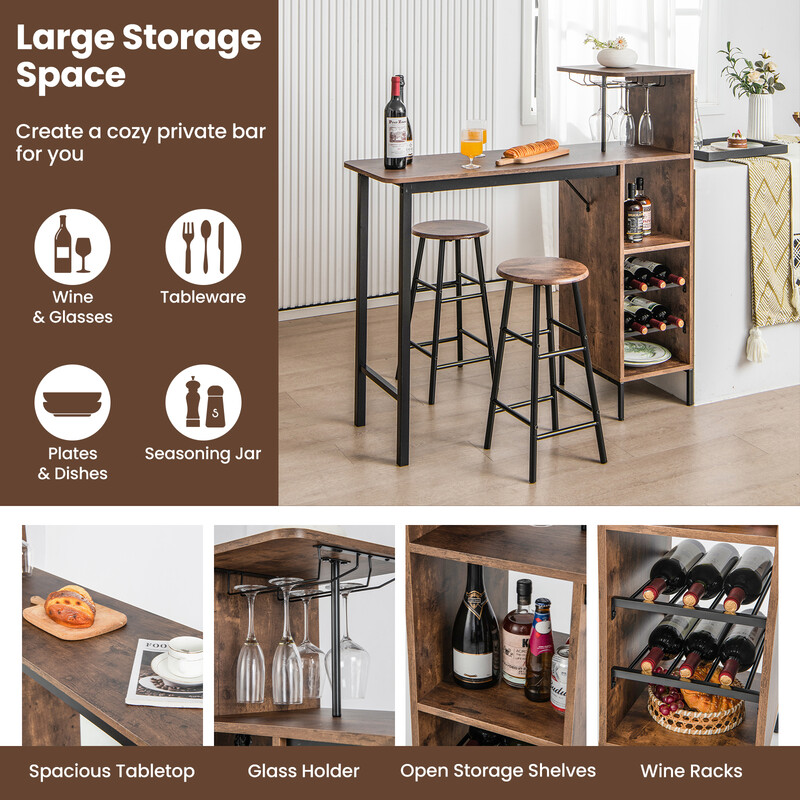 Industriellt barbord och stolar med förvaring för vinflaskor och glas, kaffebrun finish