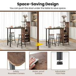 Industriellt barbord och stolar med förvaring för vinflaskor och glas, kaffebrun finish