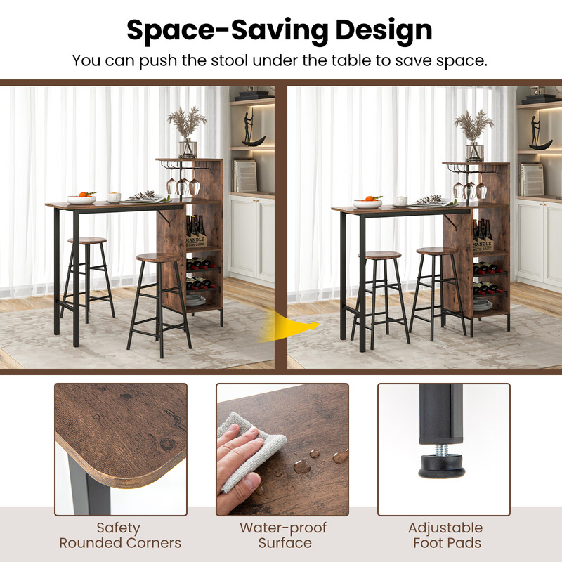 Industriellt barbord och stolar med förvaring för vinflaskor och glas, kaffebrun finish