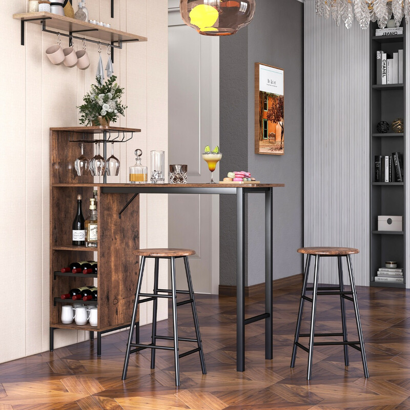 Industriellt barbord och stolar med förvaring för vinflaskor och glas, kaffebrun finish