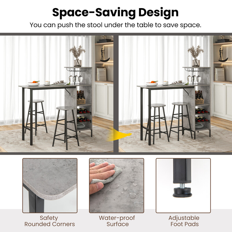 Industriellt barbord set med stolar i grått med praktisk förvaring och hållbar konstruktion