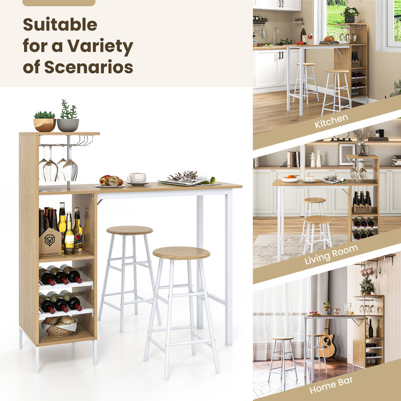 Industriellt barbord och stolar set med vinhållare och förvaring, naturlig färg