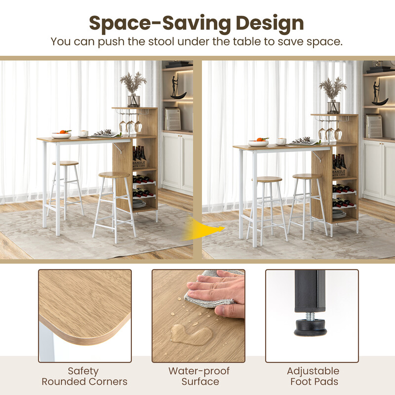 Industriellt barbord och stolar set med vinhållare och förvaring, naturlig färg
