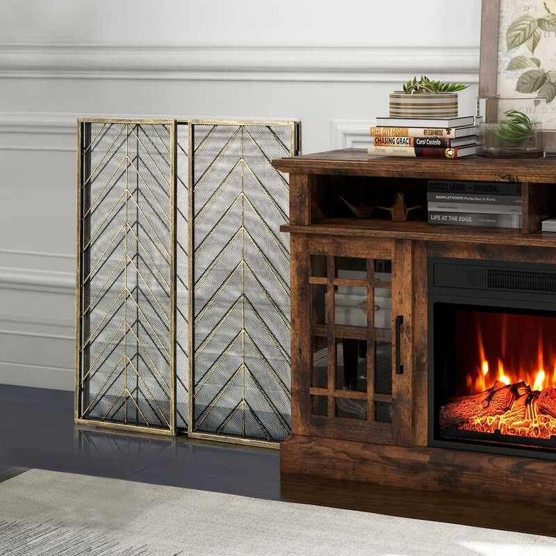 Fällbart eldstadsskydd i brons med robust metallram och elegant design 133 x 78 cm