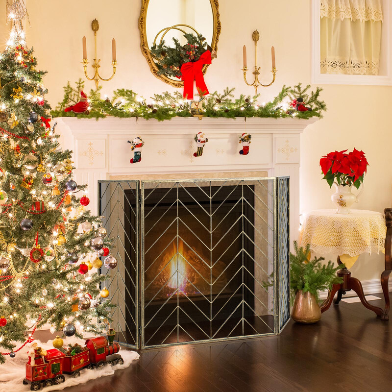 Fällbart eldstadsskydd i brons med robust metallram och elegant design 133 x 78 cm