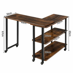 L-formad sidobord med hjul och 2 hyllor i rustik brunt trä