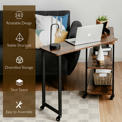 L-formad sidobord med hjul och 2 hyllor i rustik brunt trä