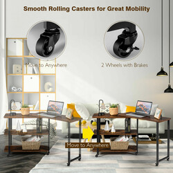 L-formad sidobord med hjul och 2 hyllor i rustik brunt trä