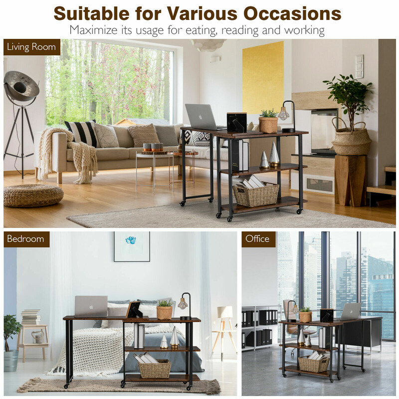 L-formad sidobord med hjul och 2 hyllor i rustik brunt trä