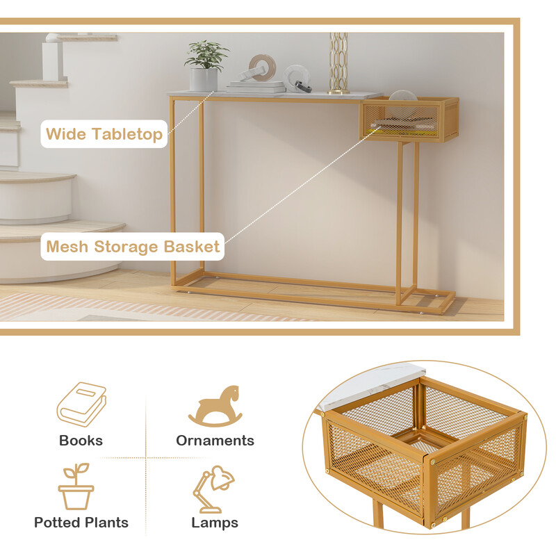 Elegant konsolbord i vit konstläder med gyllene metallram och praktisk förvaringskorg