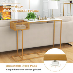 Elegant konsolbord i vit konstläder med gyllene metallram och praktisk förvaringskorg