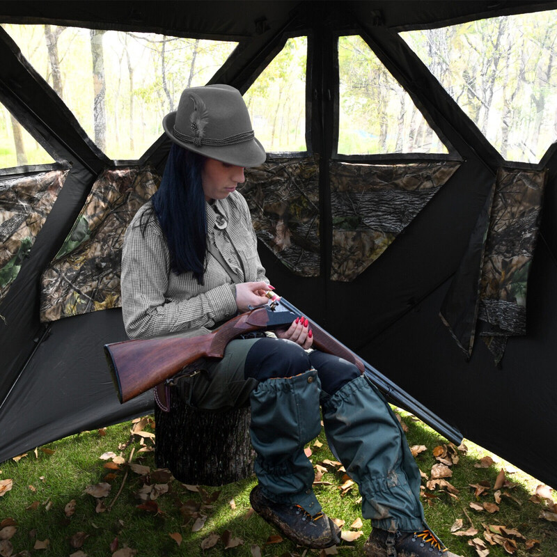 Bärbart jakttält för tre personer med kamouflage och tillbehör för stabilitet och transport