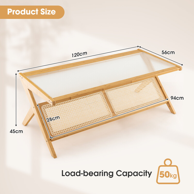 Soffbord i bambu med härdat glas och rotting, 120 cm, naturlig elegans