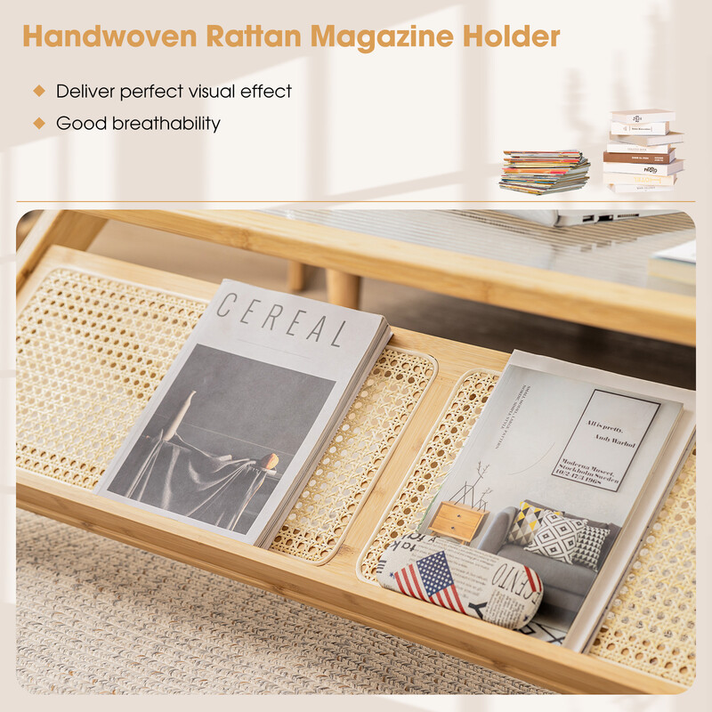 Soffbord i bambu med härdat glas och rotting, 120 cm, naturlig elegans